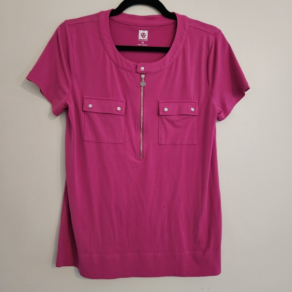 Anne Klein Hot Pink Short Sleeve Top Blouse Zip Button Metal Details Medium - Picture 1 of 5